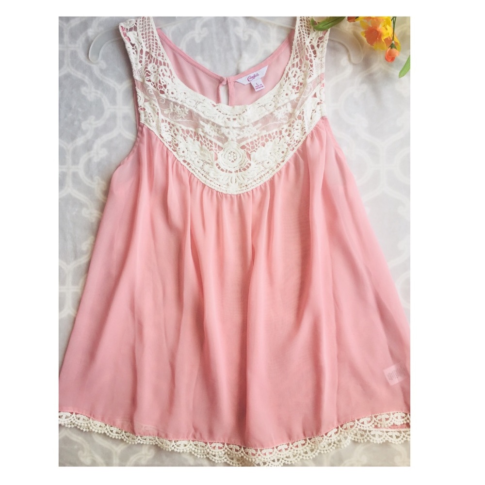 Candie’s Large Sheer Pink Lace-Fringe Tanktop